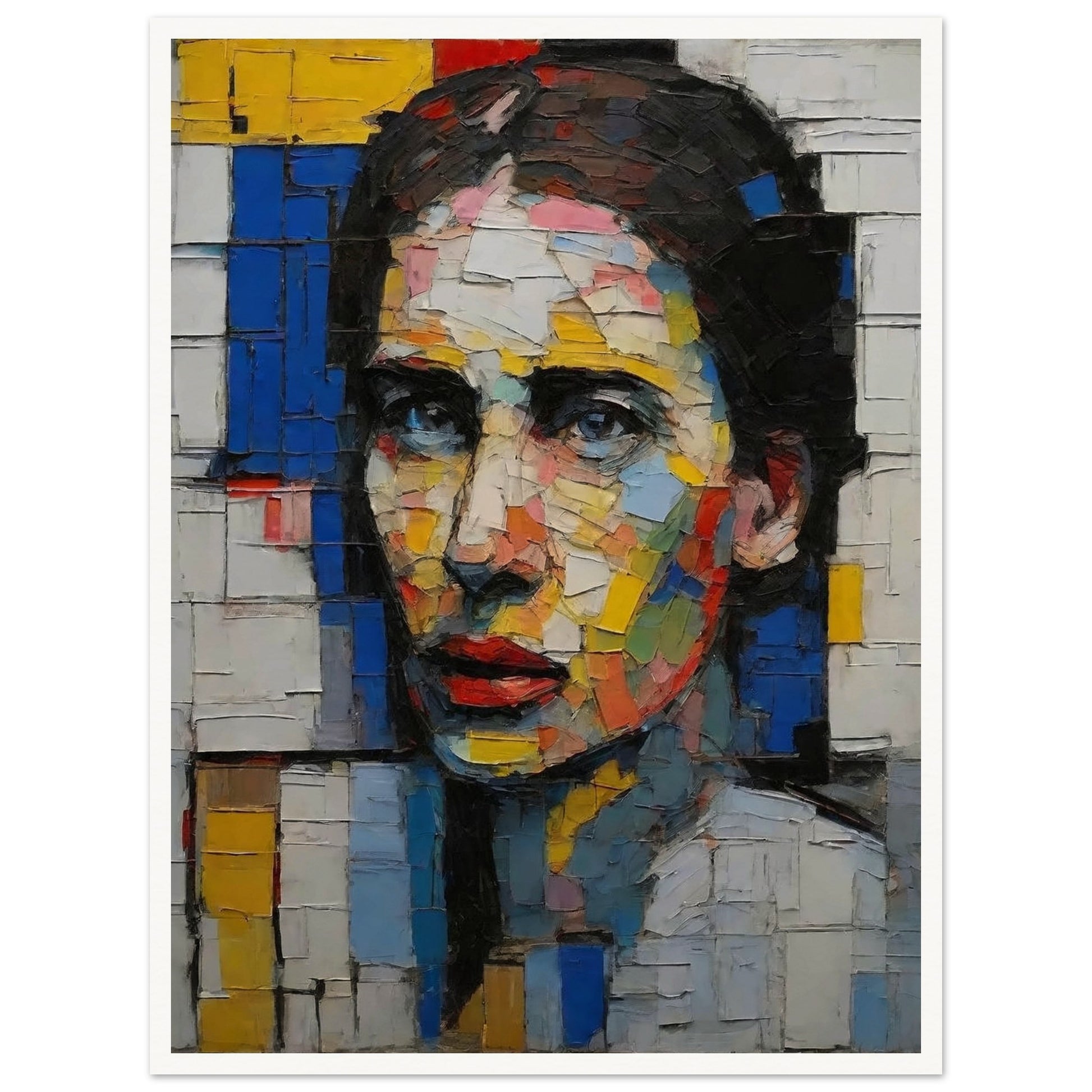 A striking mosaic-style portrait of a woman with vibrant, multi-colored geometric shapes creating a fragmented yet cohesive image.