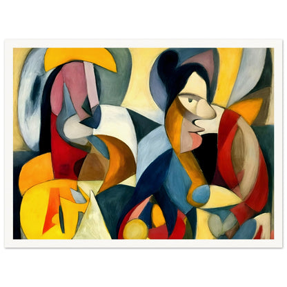 A dynamic cubist painting featuring two abstract human figures, composed of bold geometric shapes in warm and cool tones.