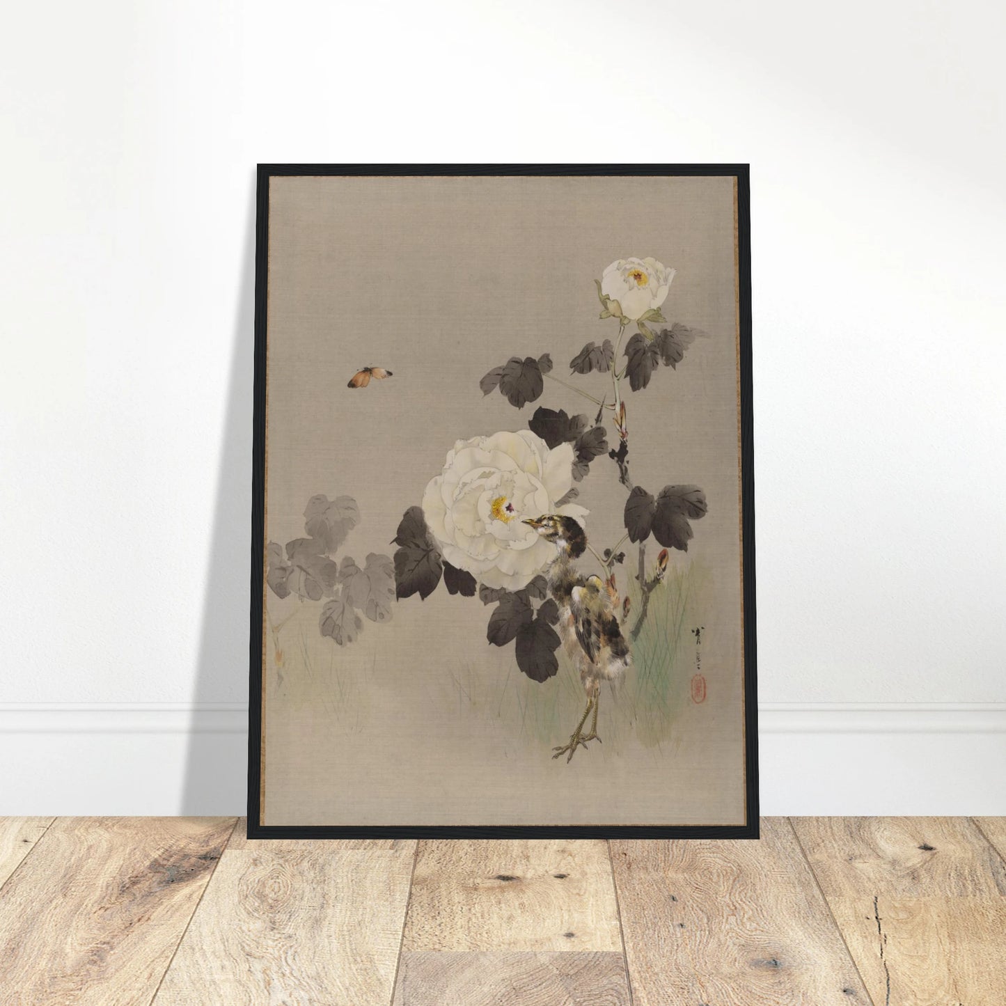 Young bird stands beside white roses as a butterfly flies across a pale silk background