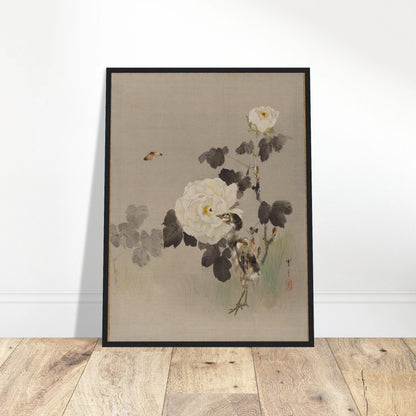 Young bird stands beside white roses as a butterfly flies across a pale silk background