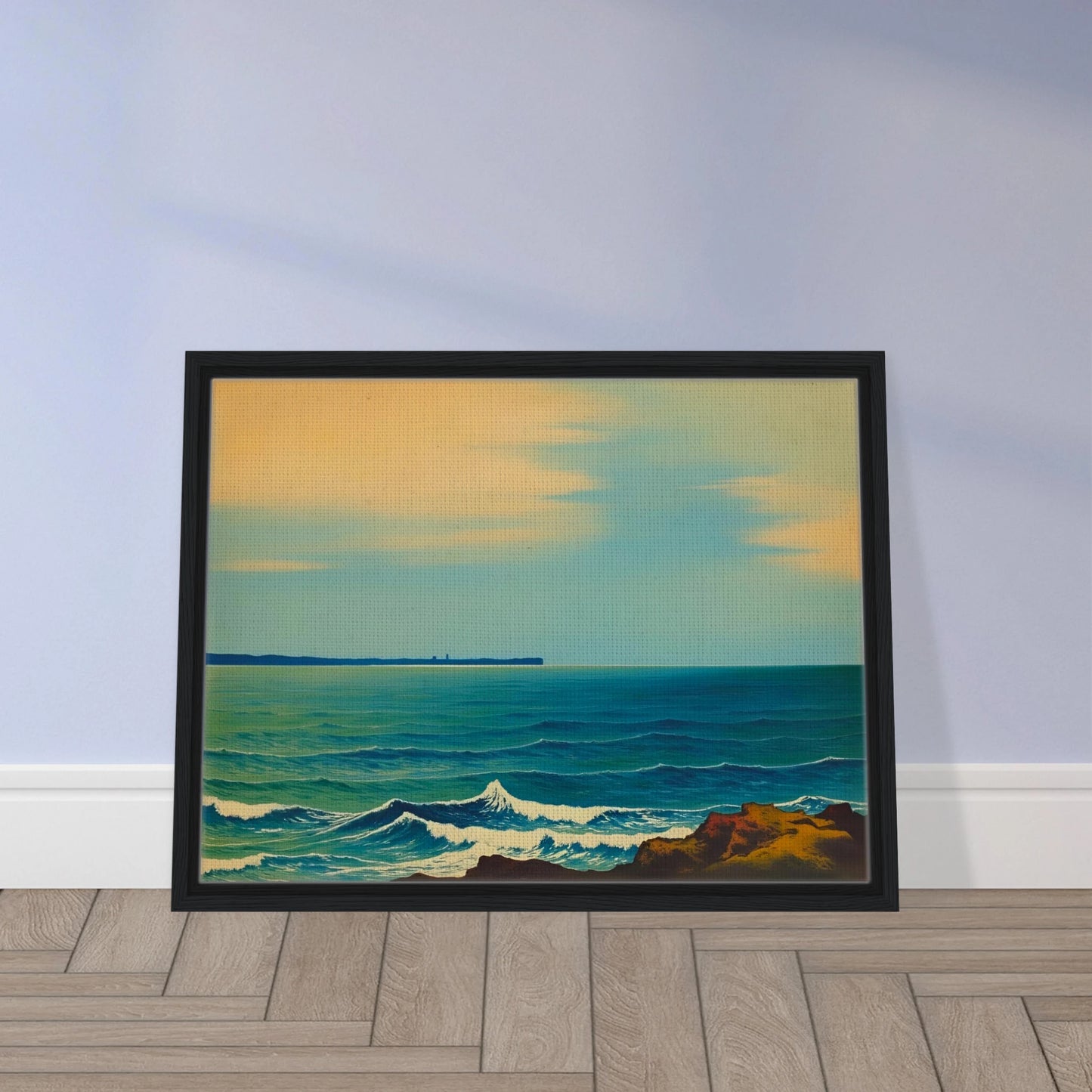 A serene seascape with gentle blue waves and a soft golden sky, capturing the calm rhythm of the ocean at dusk.