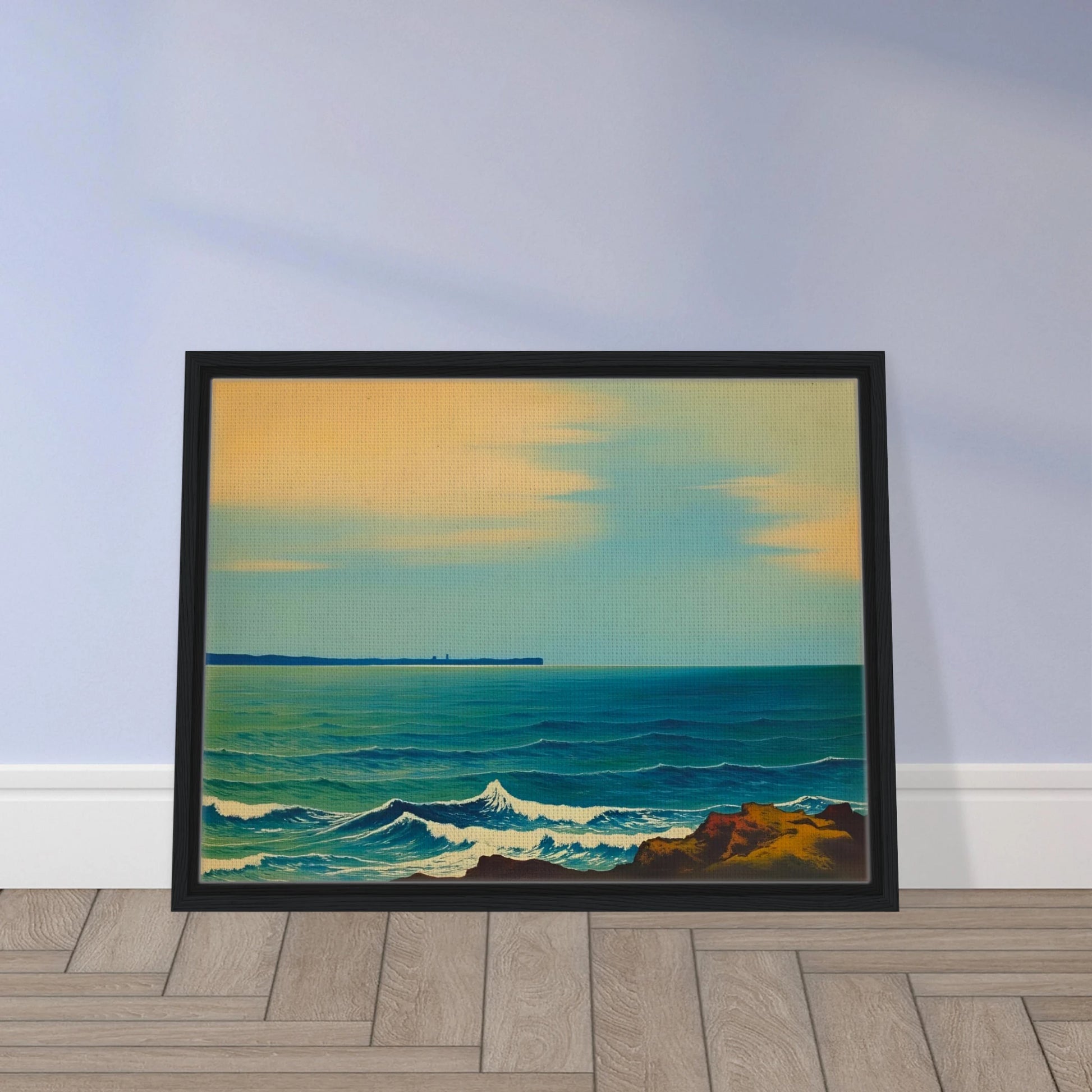 A serene seascape with gentle blue waves and a soft golden sky, capturing the calm rhythm of the ocean at dusk.