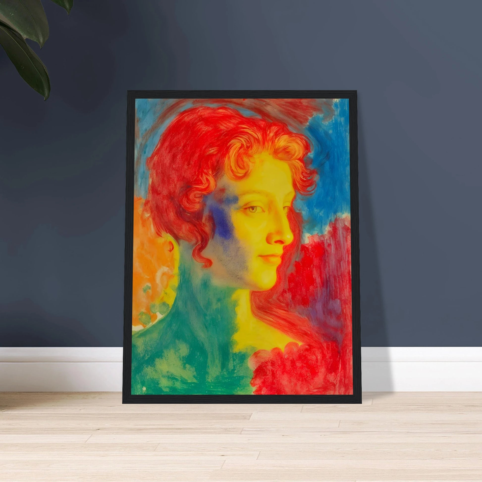 A vivid portrait of a woman in glowing reds, blues, and golds, blending luminous tones into a dreamlike expressive composition.