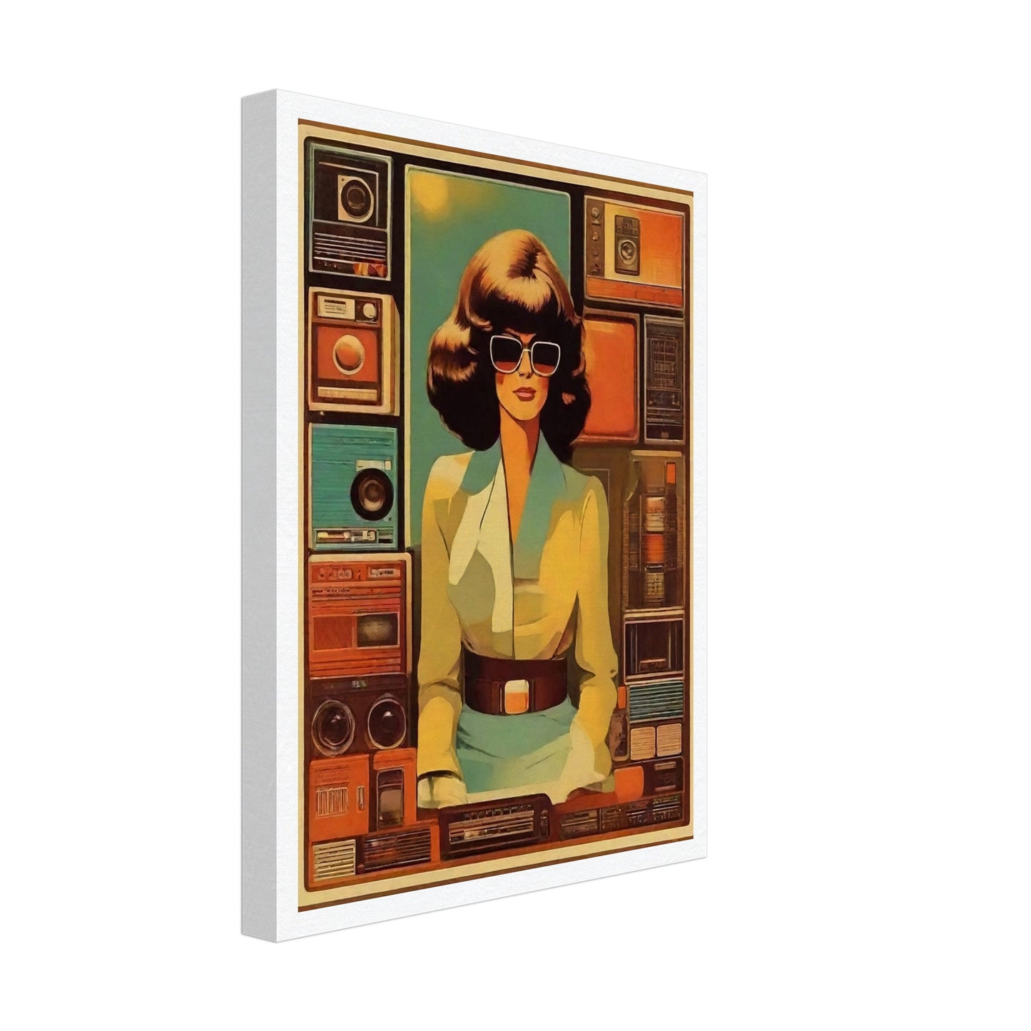 A stylish woman with large sunglasses stands in front of a backdrop filled with vintage radios and cassette players, evoking a retro vibe.