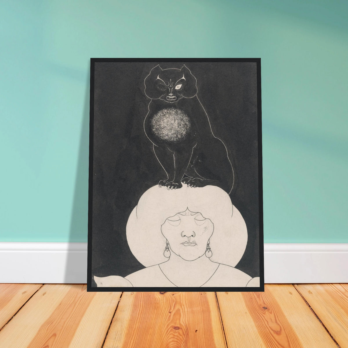 A black cat sits atop a white-hatted woman’s head against a dark background in a macabre illustration.