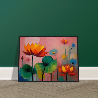 Colorful painting of blooming lotus flowers with vivid orange, red, and green hues against a soft pink and blue background.