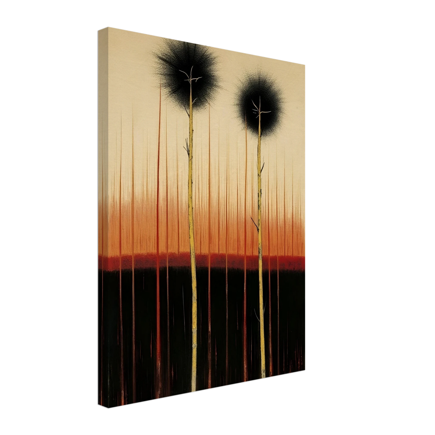 Two tall, slender trees rise from dark soil under a glowing orange and black sky, evoking quiet endurance and mystery.