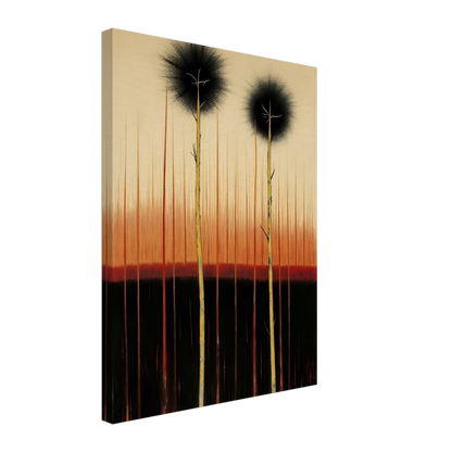 Two tall, slender trees rise from dark soil under a glowing orange and black sky, evoking quiet endurance and mystery.