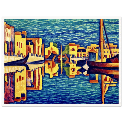 A vibrant depiction of a canal city with golden-hued buildings and gondolas reflecting in deep blue waters, creating a mesmerizing mirrored effect.