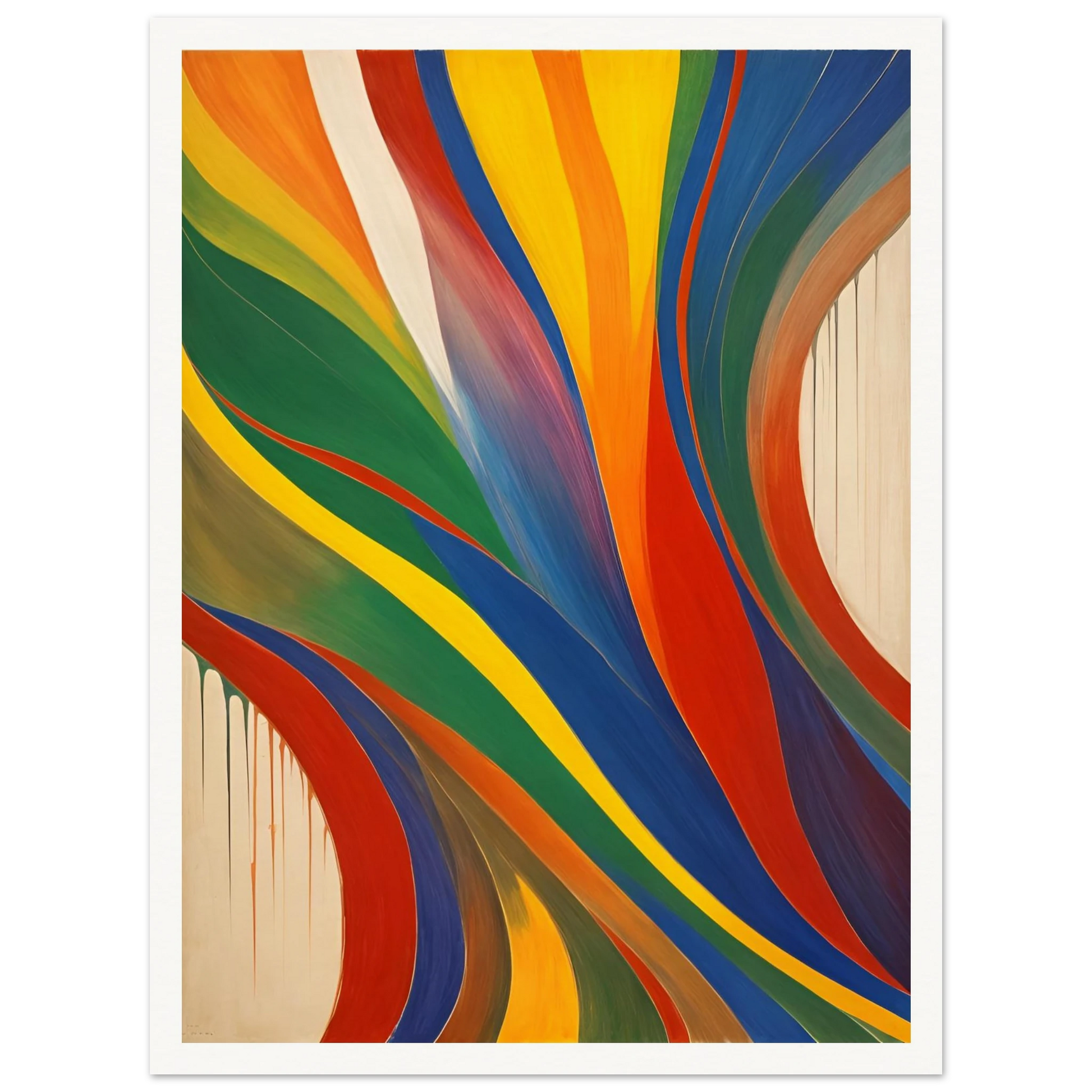Vibrant painting with flowing, multicolored ribbons in red, blue, green, and yellow sweeping across a neutral background.