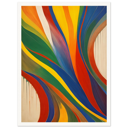 Vibrant painting with flowing, multicolored ribbons in red, blue, green, and yellow sweeping across a neutral background.