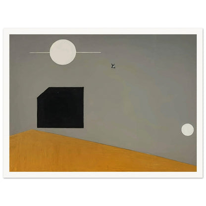 Abstract minimalist painting with geometric shapes against a gradient background, featuring a black square and two white circles.