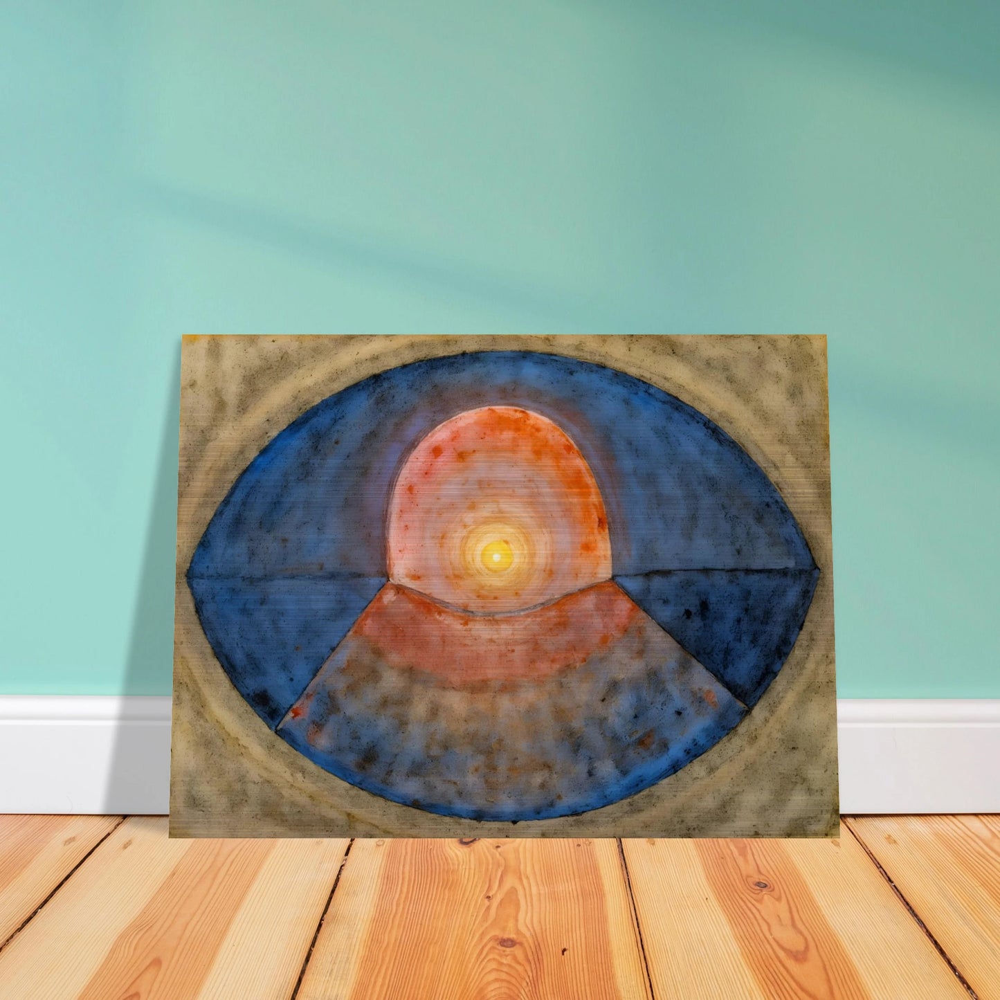 A symbolic abstract painting featuring concentric geometric forms resembling an eye or portal. Deep blue arcs surround a glowing golden center, creating a meditative composition of balance, light, and contemplation