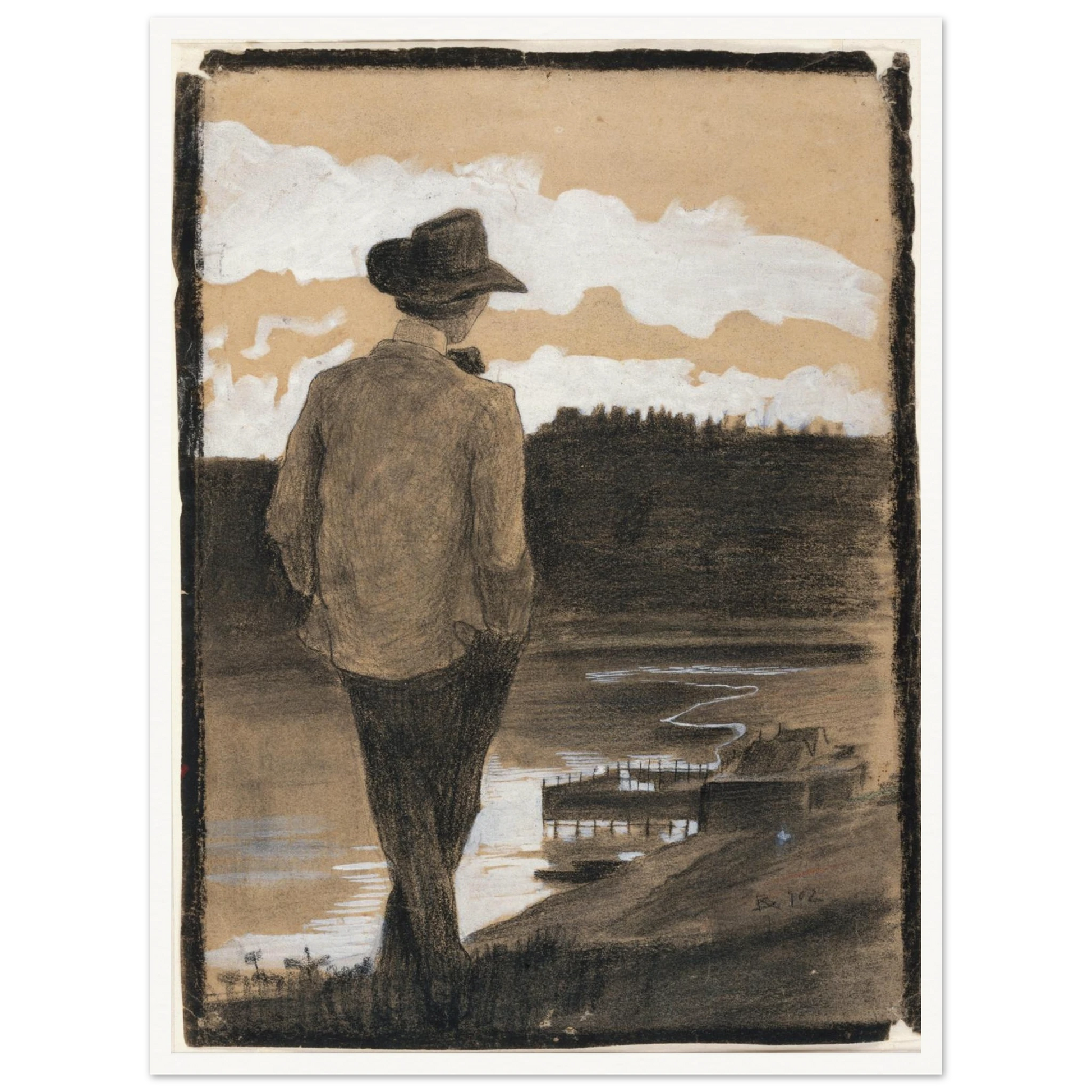 Young man in a hat stands by a riverbank, looking toward clouds and distant water