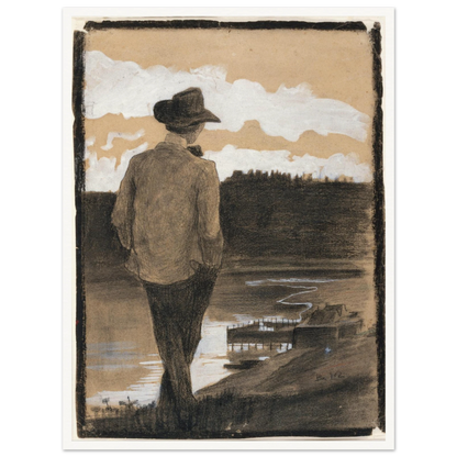 Young man in a hat stands by a riverbank, looking toward clouds and distant water