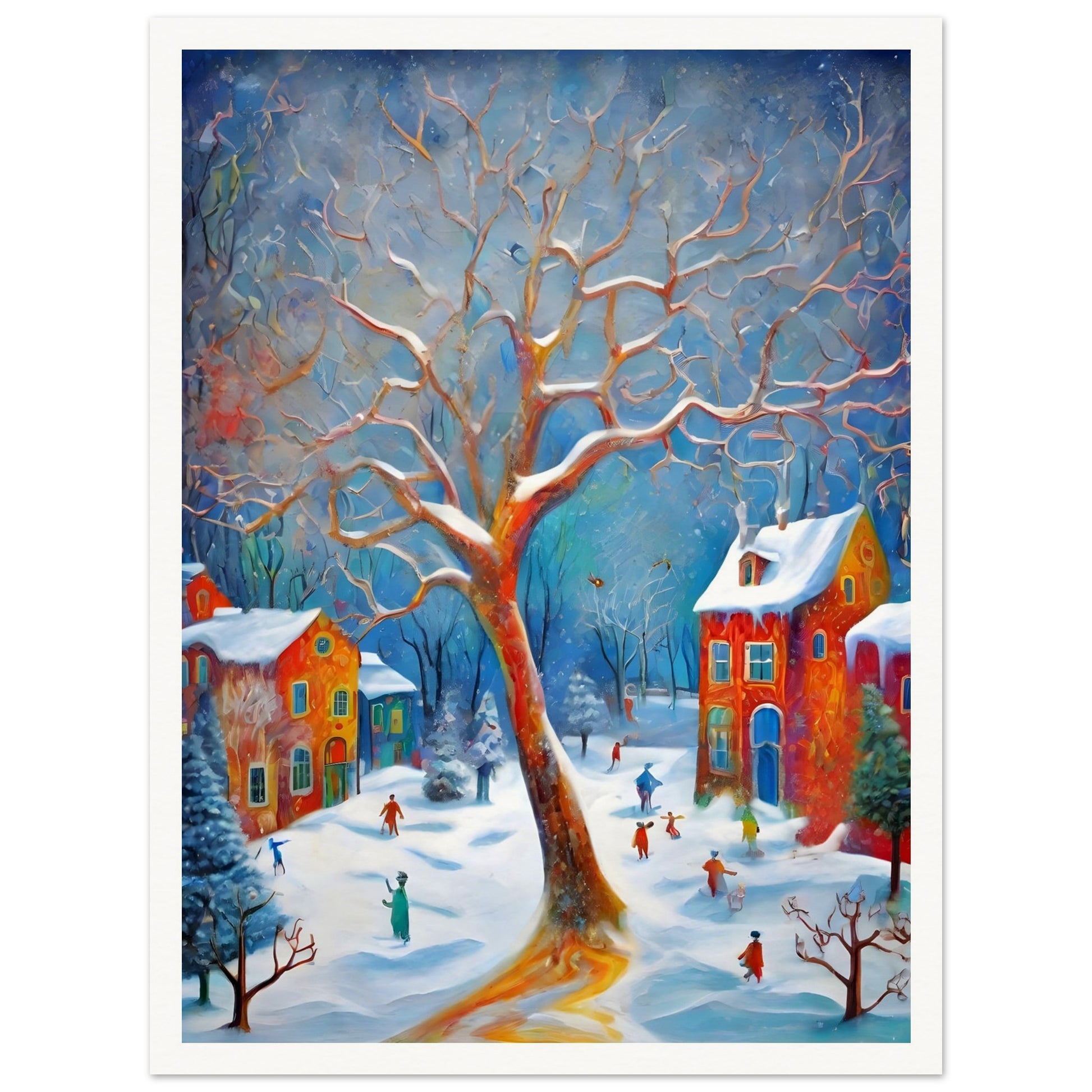 A whimsical winter scene featuring a large, glowing tree surrounded by colorful houses and joyful people playing in the snow under a vibrant blue sky.