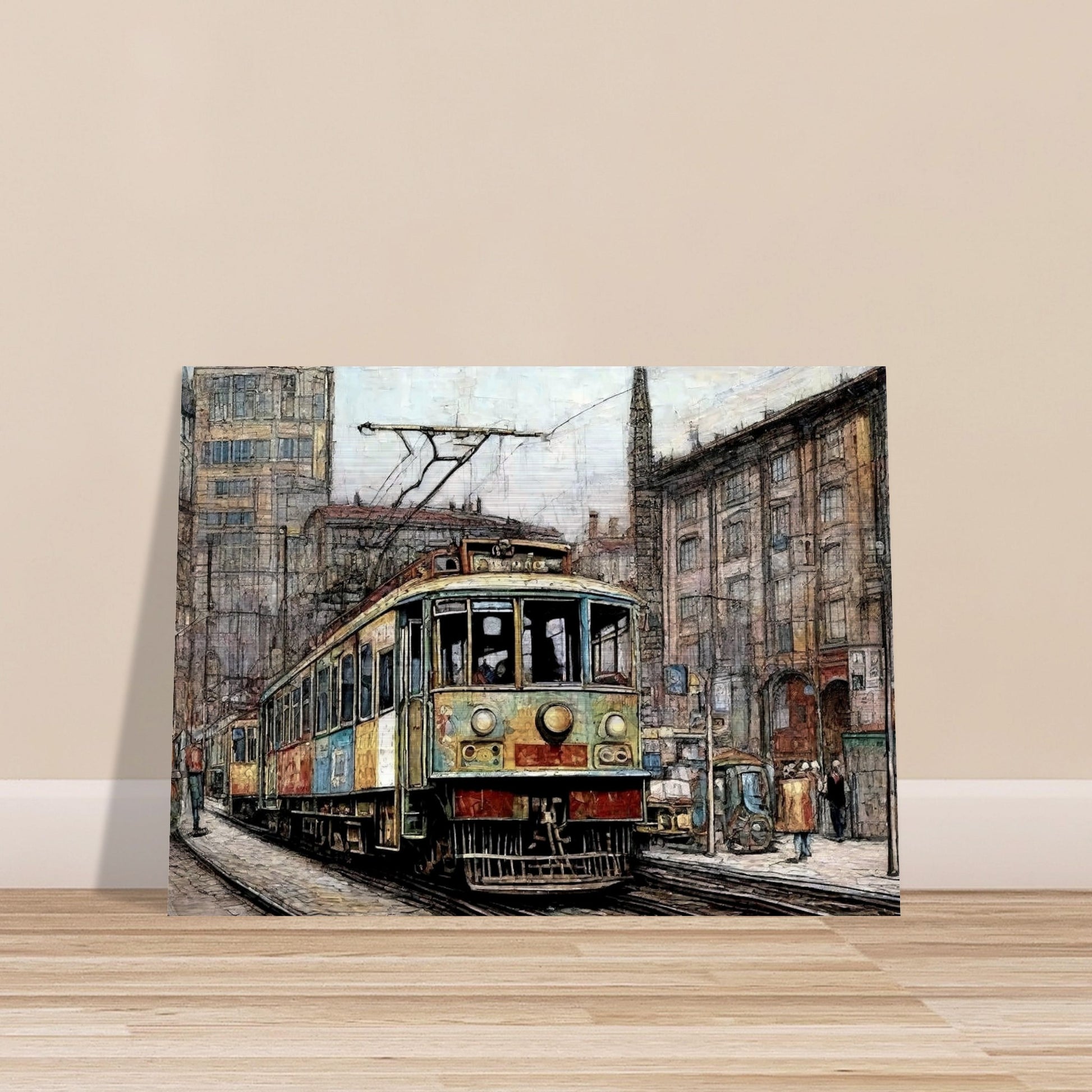 "A detailed painting of a vintage tram traveling through a bustling city street, surrounded by old buildings and a busy urban environment, evoking a nostalgic feel."