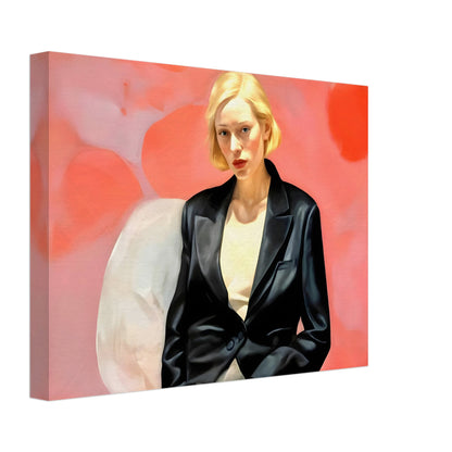 A striking portrait of a blonde woman in a black leather blazer, seated against a vibrant pink and red abstract background, exuding confidence and poise.