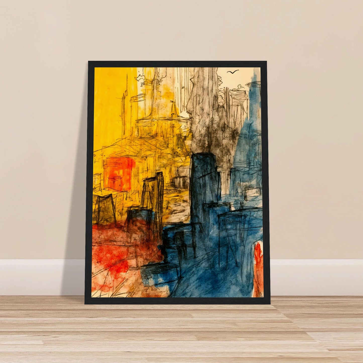 Expressive cityscape with golden facades, blue towers, and loose ink lines creating a vibrant urban atmosphere.