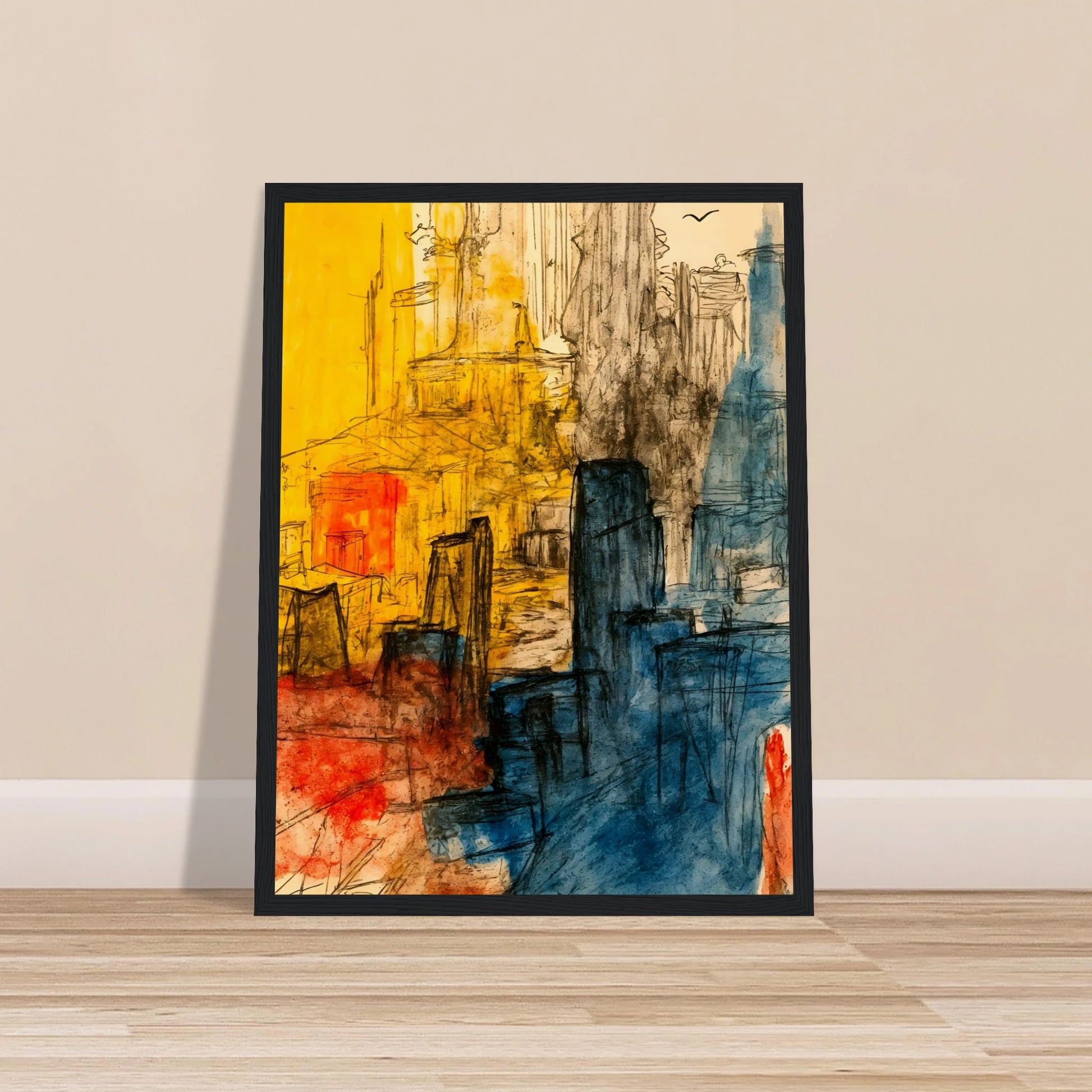 Expressive cityscape with golden facades, blue towers, and loose ink lines creating a vibrant urban atmosphere.