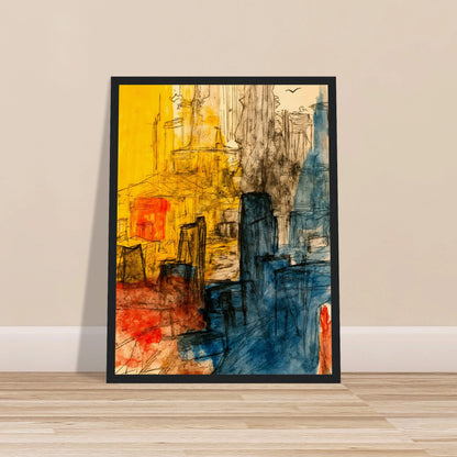 Expressive cityscape with golden facades, blue towers, and loose ink lines creating a vibrant urban atmosphere.