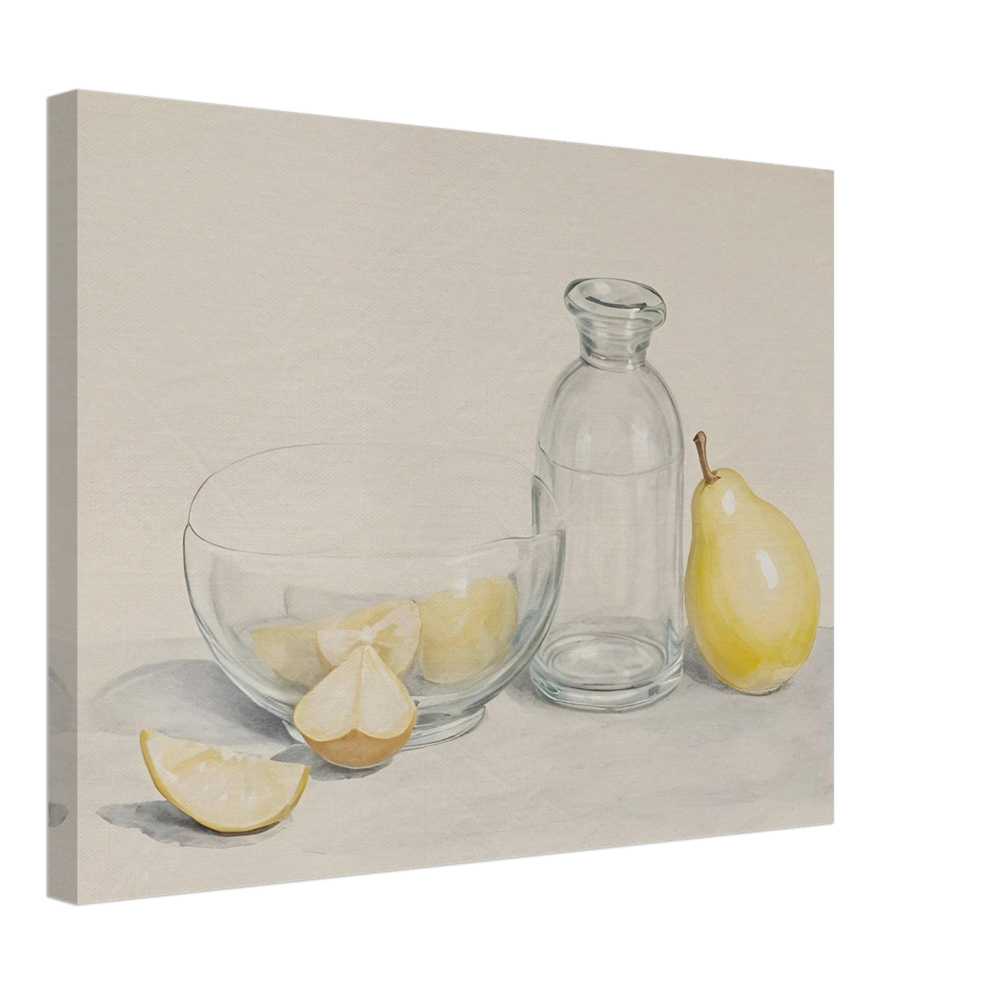 Clear glass bowl with lemon slices, a bottle, and a pear on a light surface in a soft, minimalist still life scene.