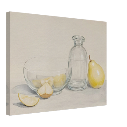 Clear glass bowl with lemon slices, a bottle, and a pear on a light surface in a soft, minimalist still life scene.