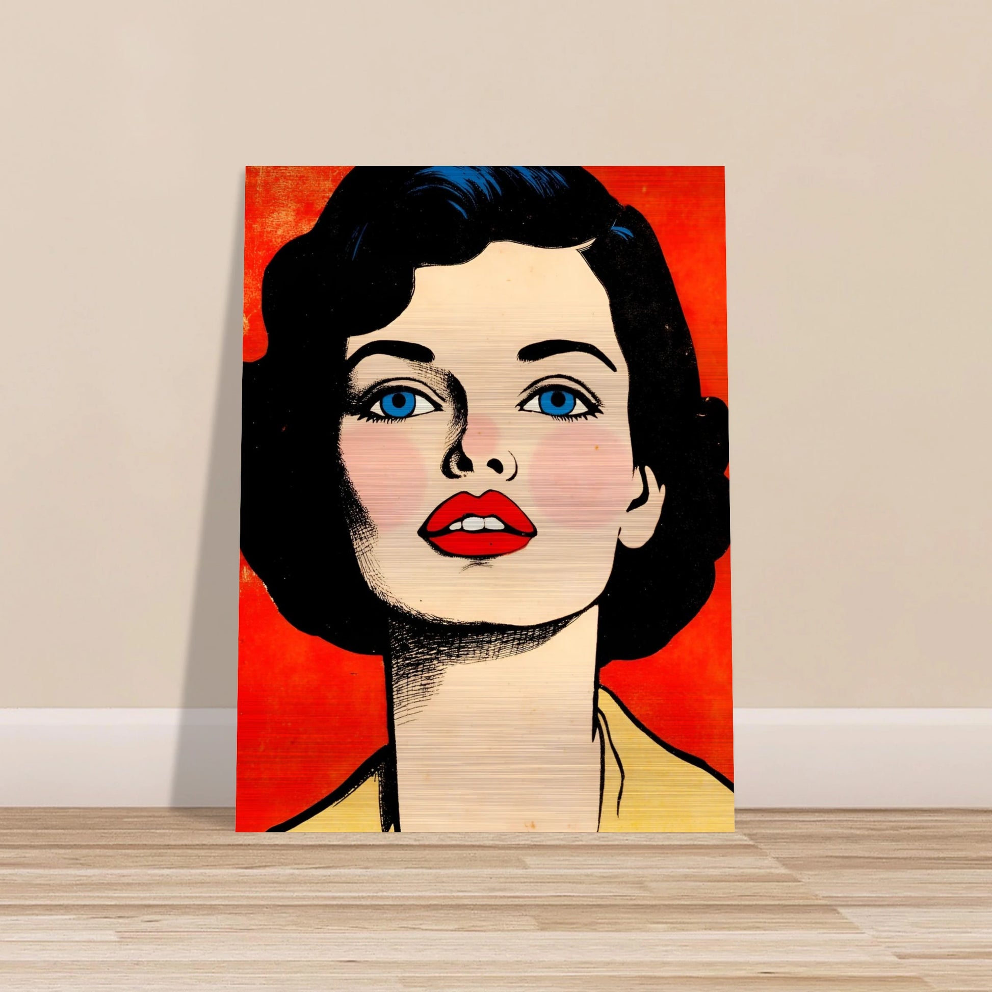 A striking vintage-inspired portrait features a woman with blue eyes, crimson lips, and dark hair against a vivid red backdrop.