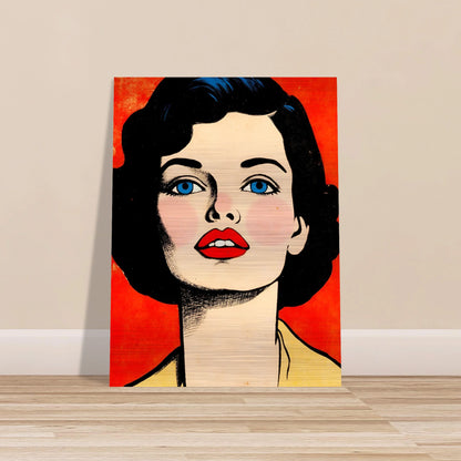 A striking vintage-inspired portrait features a woman with blue eyes, crimson lips, and dark hair against a vivid red backdrop.