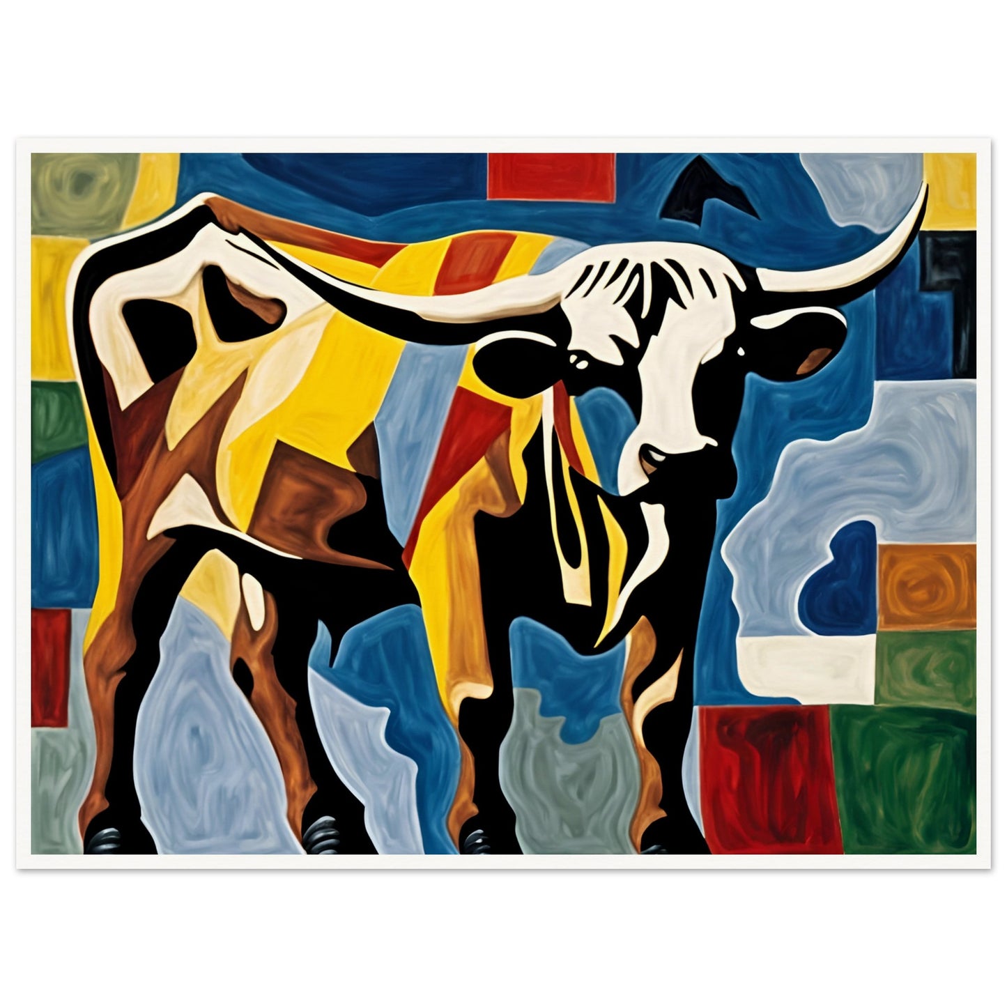 A striking painting of a longhorn bull in a colorful, geometric style, featuring bold hues of yellow, blue, red, and black.