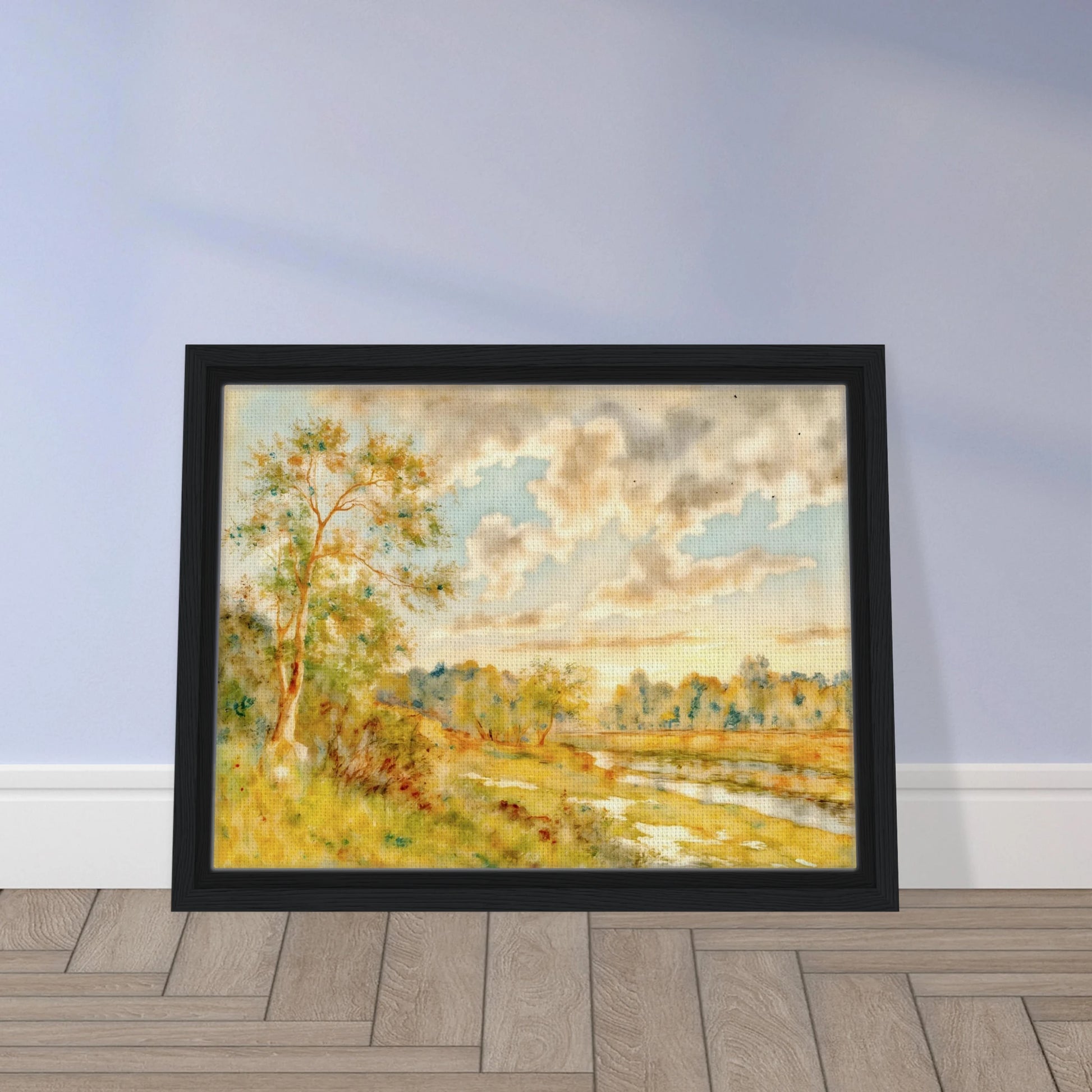 Soft golden meadow beside a reflective river beneath luminous clouds, with delicate trees and warm pastoral light in an airy landscape.