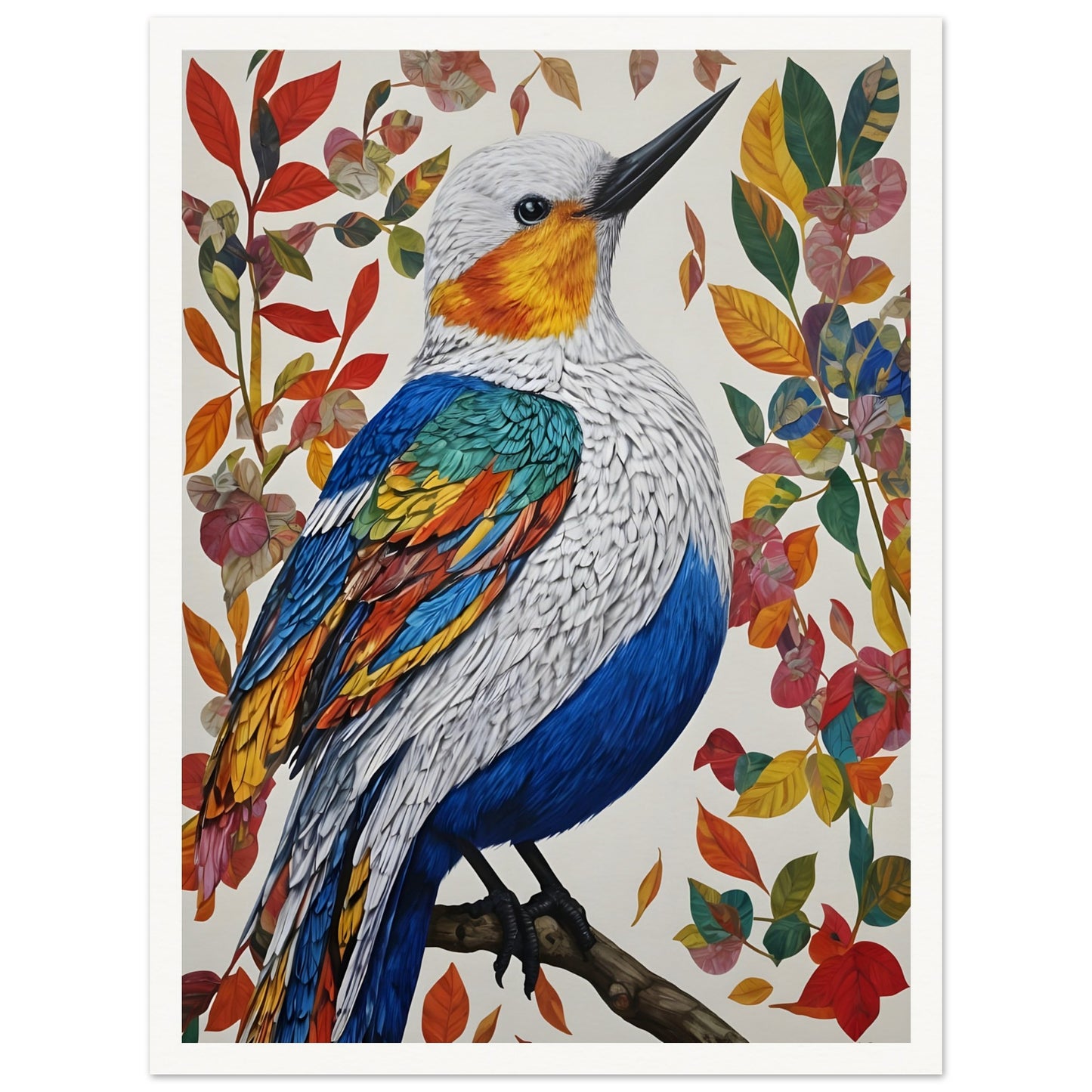 A colorful painting of a bird with vibrant blue, orange, yellow, and green feathers perched on a branch, surrounded by autumn leaves in red and gold hues.