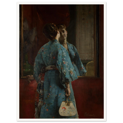 Woman in a blue floral kimono faces a mirror, holding a fan against a dark red interior.