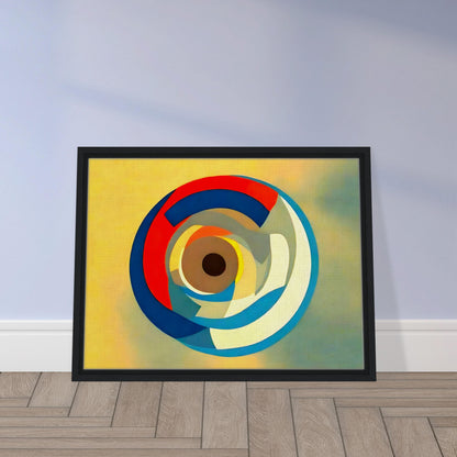 A geometric abstract artwork featuring overlapping circular shapes in bold colors of blue, red, yellow, and white on a soft gradient background.