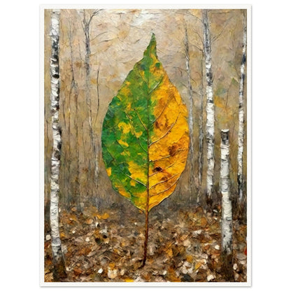 A large leaf, half green and half yellow, stands upright in a birch forest, symbolizing the transition between seasons with soft autumnal tones.