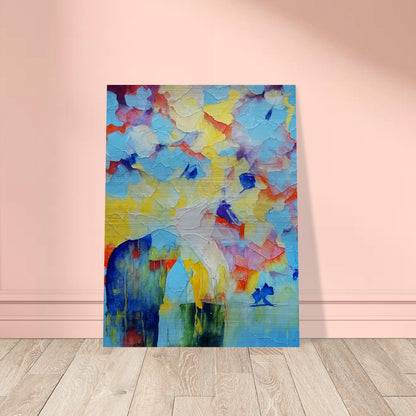 An abstract painting featuring a horse in vibrant colors with a textured, layered background. The use of bold blues, yellows, and reds creates a dynamic and whimsical scene.