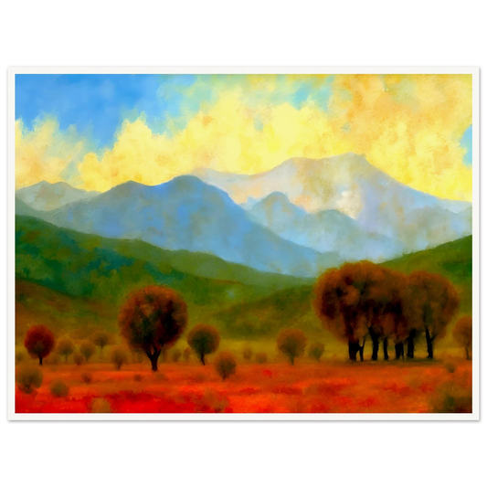 Warm autumn trees stretch across a fiery red field with misty blue mountains and a glowing yellow sky in the distance.