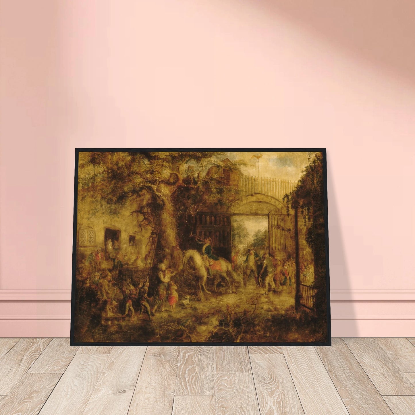 Busy scene at Wall Street Gate with horses, children, figures, and golden trees