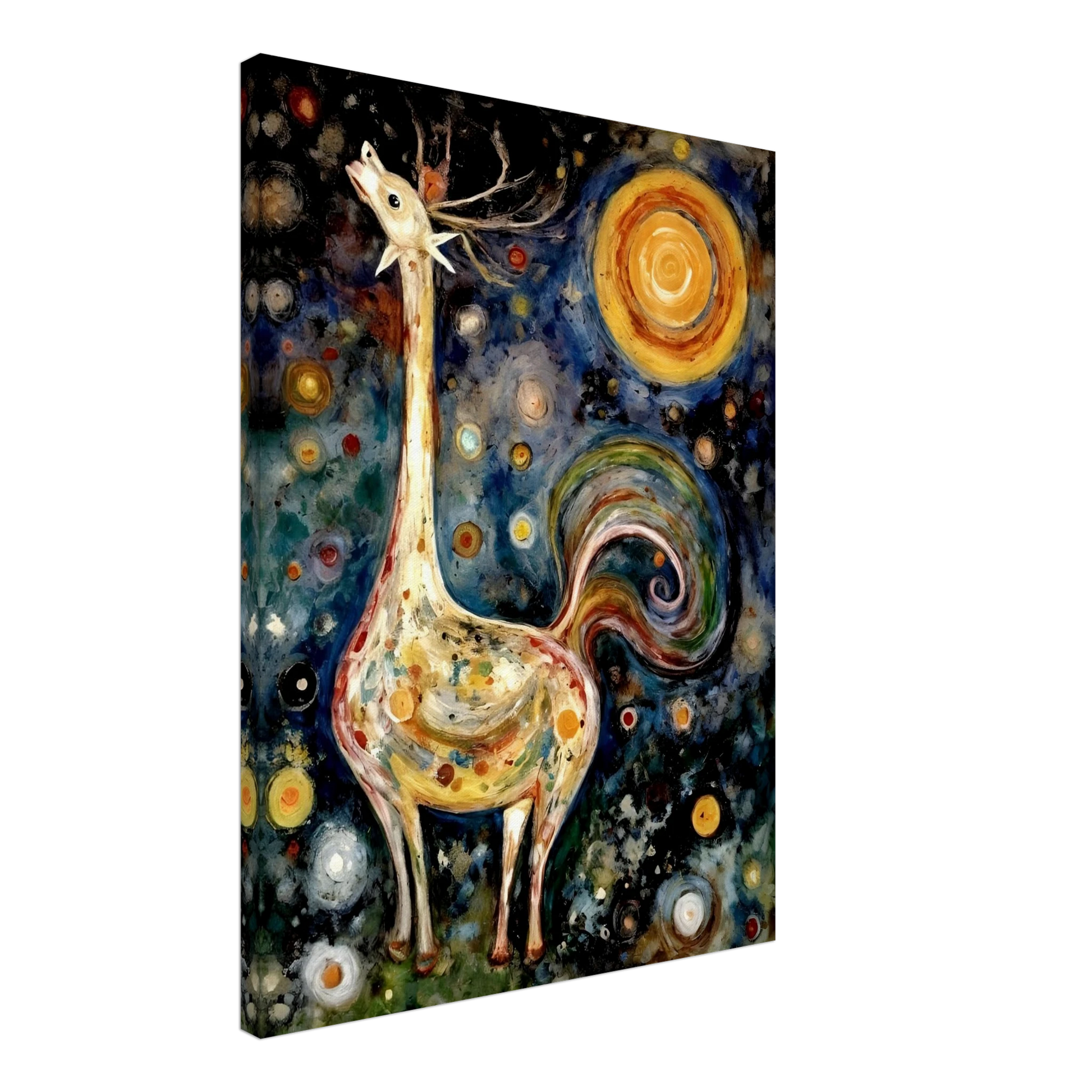 A fantastical creature with a long neck, antlers, and a swirling tail stands under a cosmic sky filled with colorful orbs and a radiant sun.