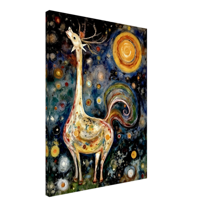 A fantastical creature with a long neck, antlers, and a swirling tail stands under a cosmic sky filled with colorful orbs and a radiant sun.