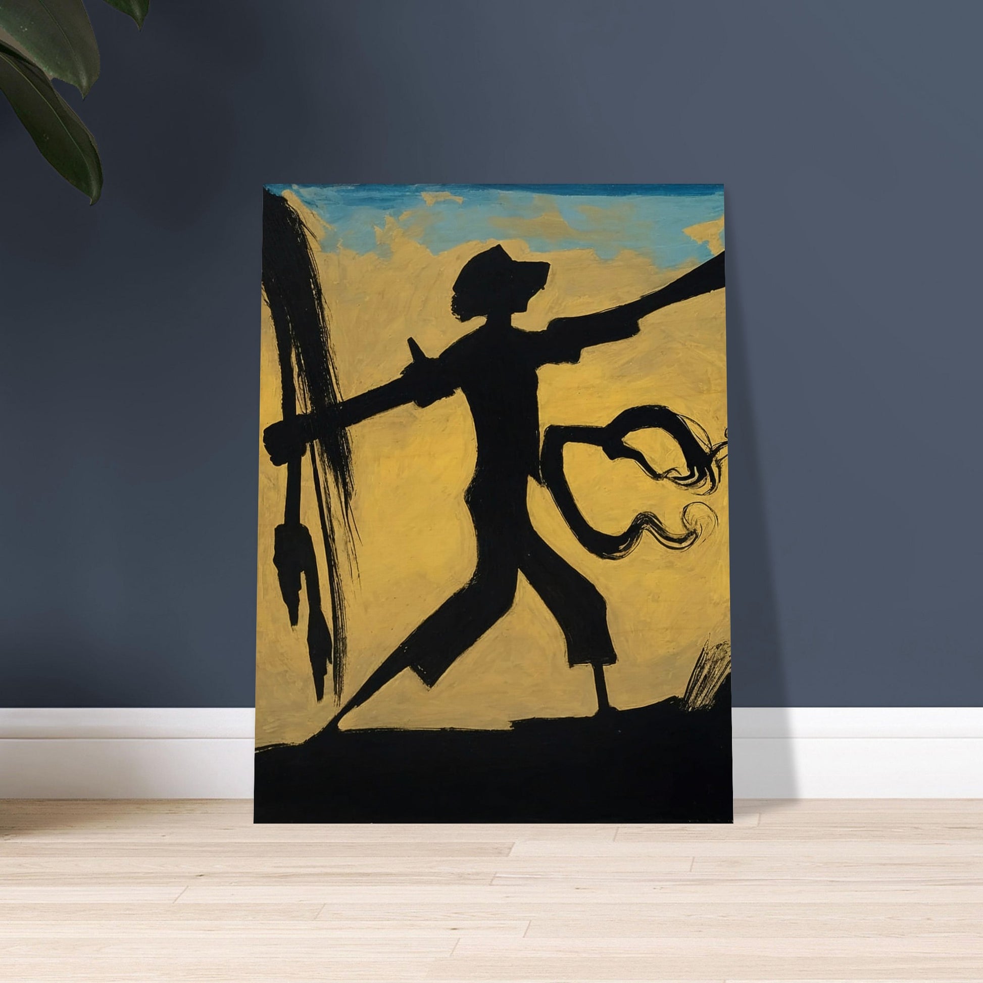 A dynamic silhouette of a warrior holding a spear against a warm, abstract background, capturing movement and strength.