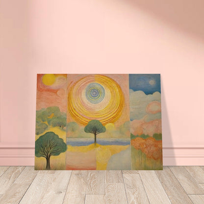 A vibrant painting featuring a large sun at the center, surrounded by abstract trees and colorful landscapes on either side.