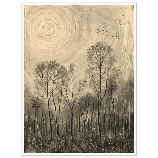 Bare winter trees stretch beneath a swirling sky as birds soar overhead, creating a moody monochrome woodland scene.