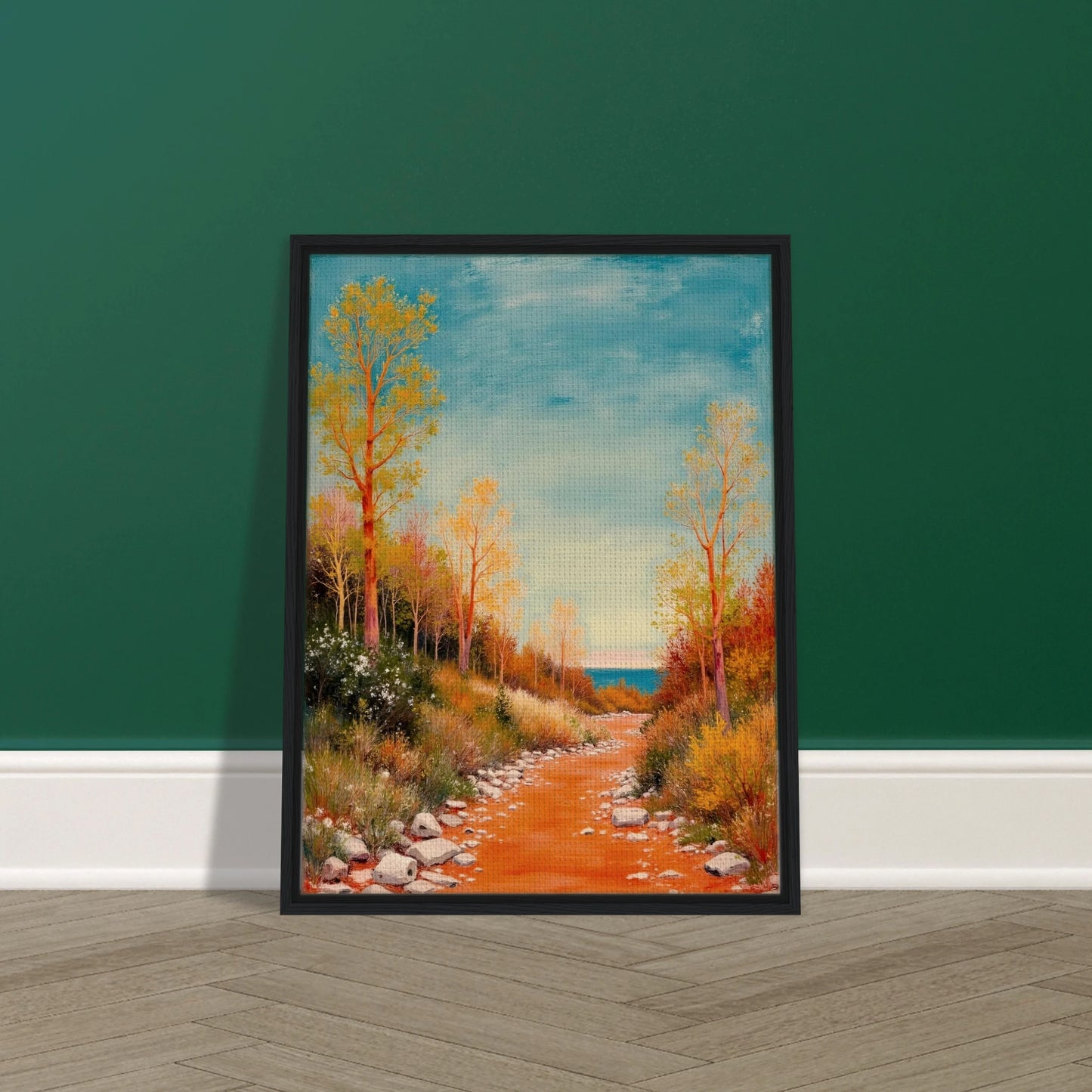 A vivid autumn trail lined with golden trees leads to a calm blue horizon, blending warmth, peace, and gentle adventure.