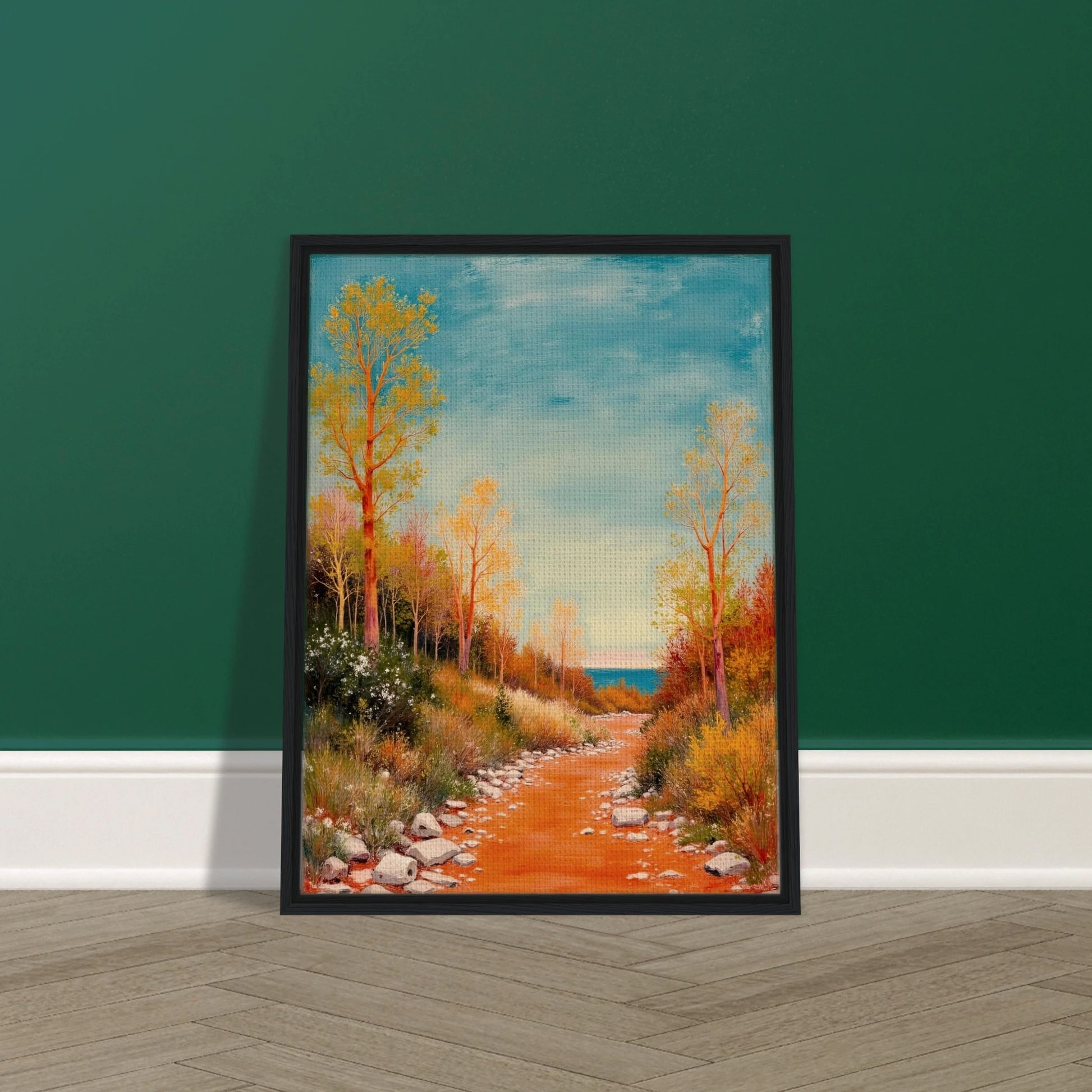 A vivid autumn trail lined with golden trees leads to a calm blue horizon, blending warmth, peace, and gentle adventure.