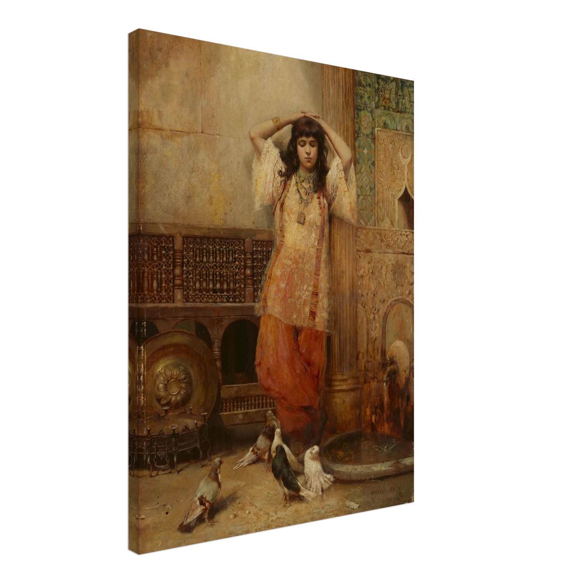 A young woman stands beside an ornate courtyard fountain with pigeons gathered at her feet.