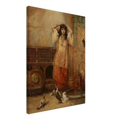 A young woman stands beside an ornate courtyard fountain with pigeons gathered at her feet.