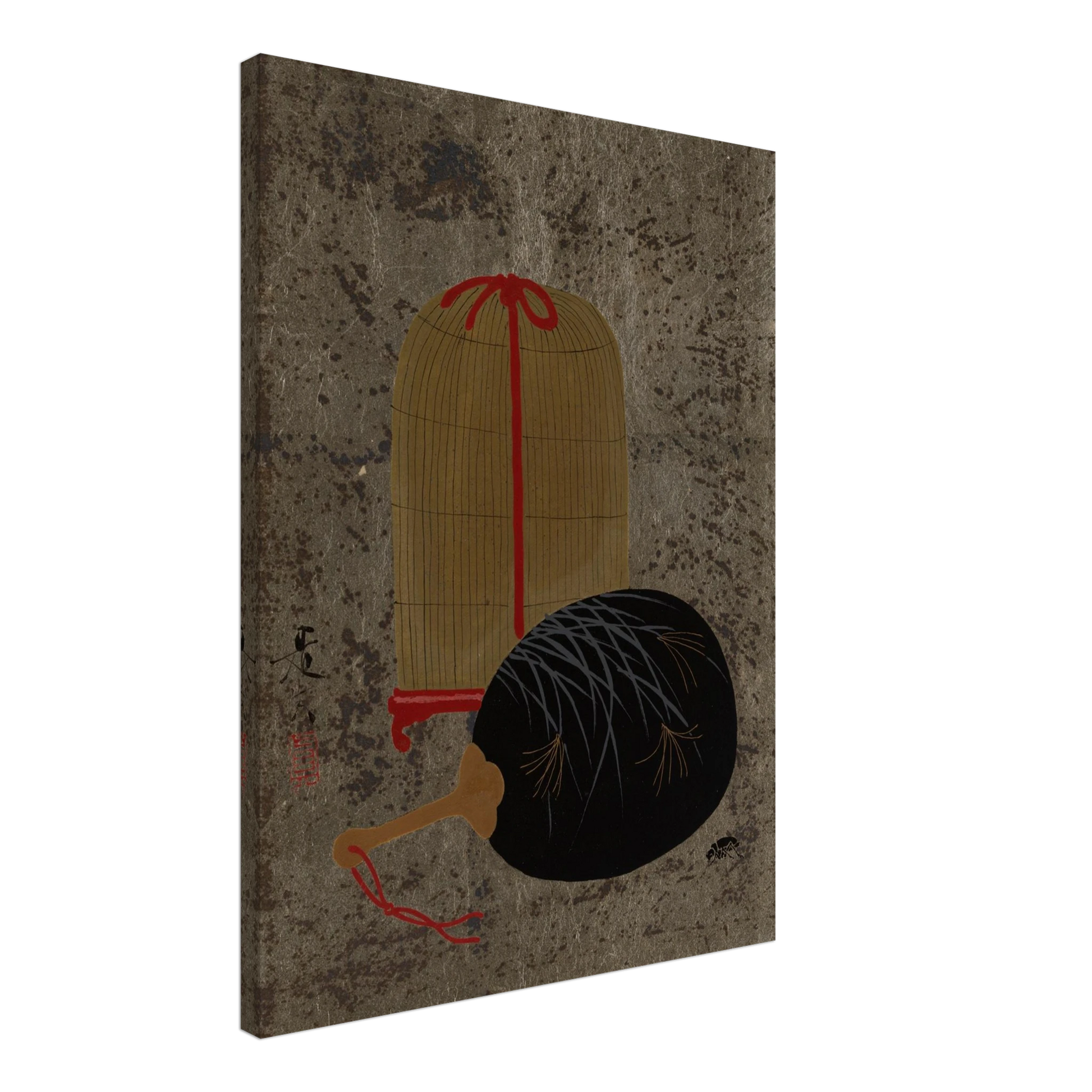 Japanese still life with a black fan and hanging insect cage on a textured gray ground