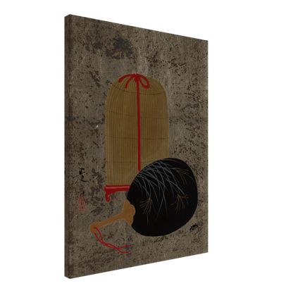 Japanese still life with a black fan and hanging insect cage on a textured gray ground
