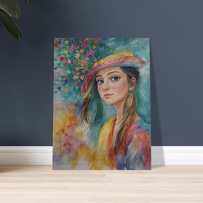 A young woman in a colorful hat gazes softly, with vibrant spring flowers blooming behind her, capturing the essence of youth and nature.